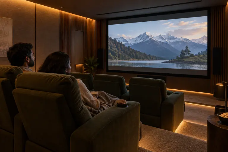 AI-generated concept: two people watching a film in a home cinema