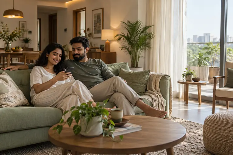 AI-generated concept: a couple using a phone together in a naturally lit living room